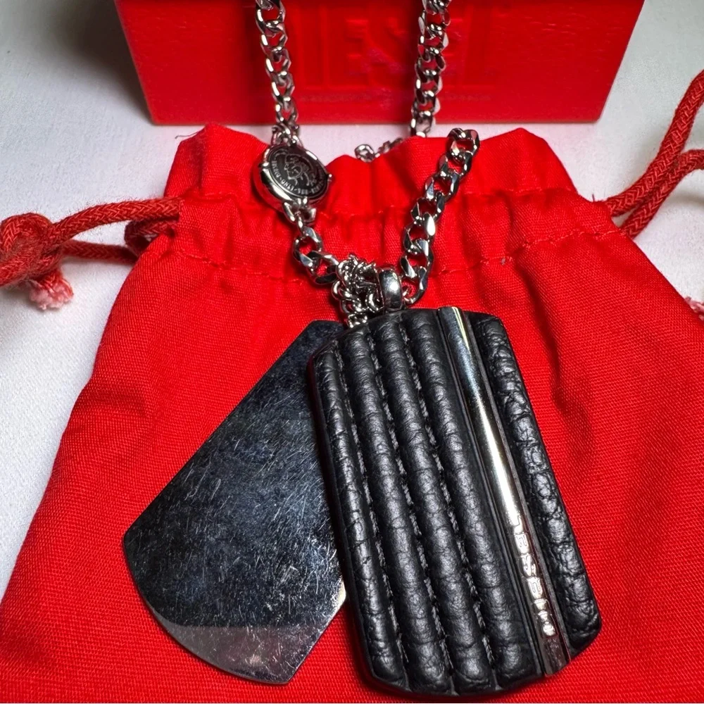 Diesel Double Dog Tag Stainless Steel Silver Leather Necklace DX1040040